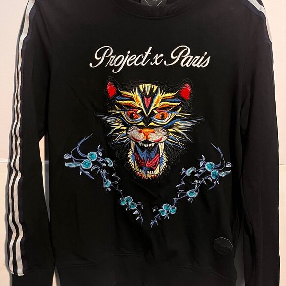 Project X Paris Tiger Embroidered Sweatshirt Black Striped Sleeves Men’s M - Picture 1 of 6